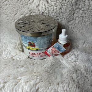 Bath & Body Works Cinnamon Caramel Swirl 3 wick Candle and wallflower scent set